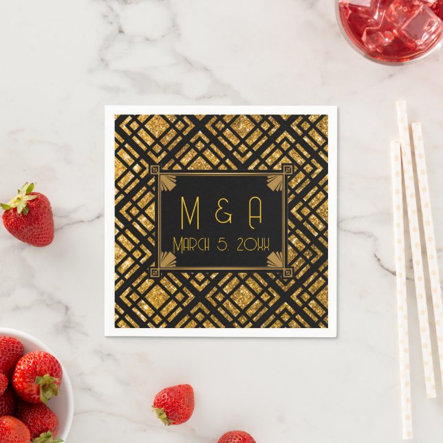 Art Deco Black and Gold Wedding Paper Napkins Serviette (Beispiel)