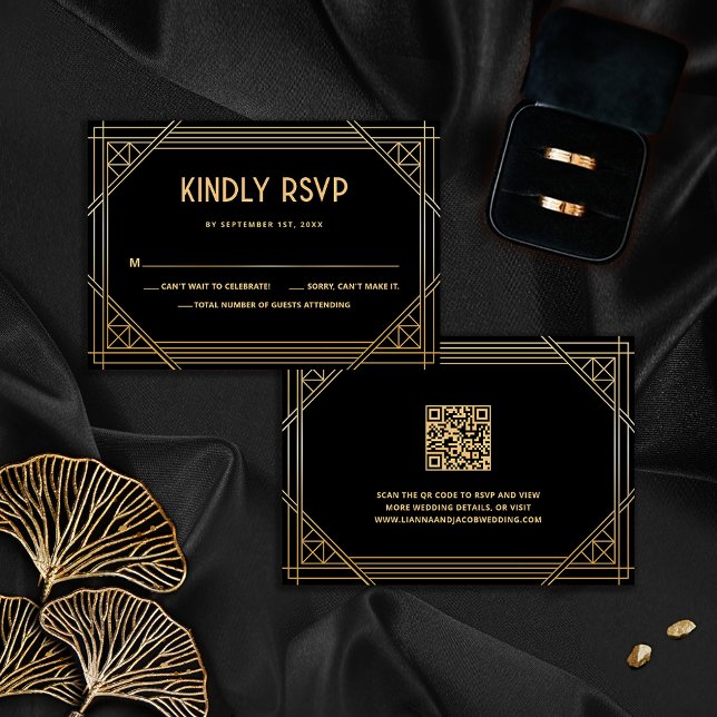 Art Deco Black and Gold Wedding QR Code RSVP Card Dankeskarte (Von Creator hochgeladen)