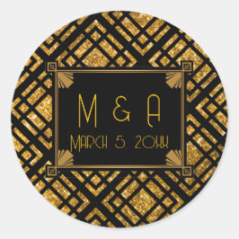 Art Deco Black and Gold Wedding Round Stickers