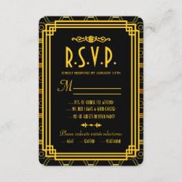 Art Deco Black and Gold Wedding RSVP Karte