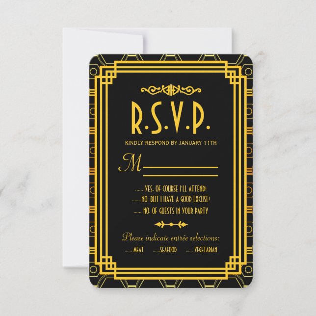 Art Deco Black and Gold Wedding RSVP Karte (Vorderseite)