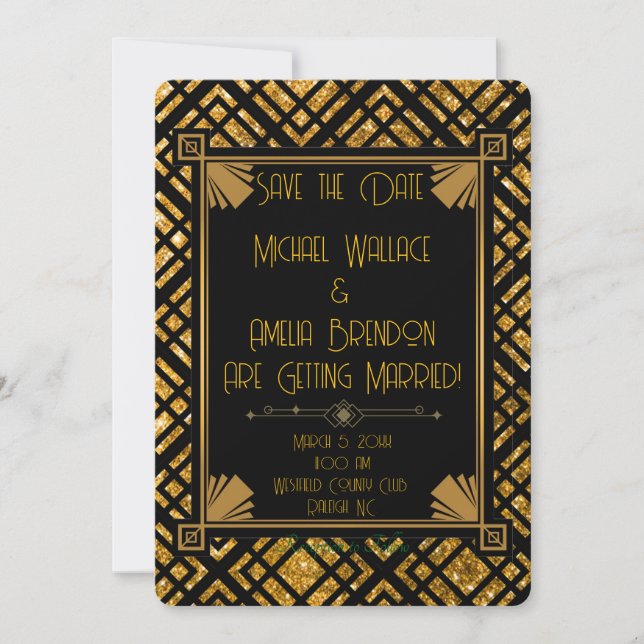 Art Deco Black and Gold Wedding Save the Date Card (Vorderseite)