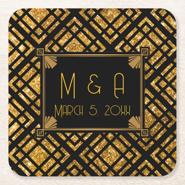Art Deco Black and Gold Wedding Square Untersetzer (Vorderseite)
