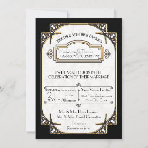 Art Deco Black and White Gold Typografy Wedding Einladung