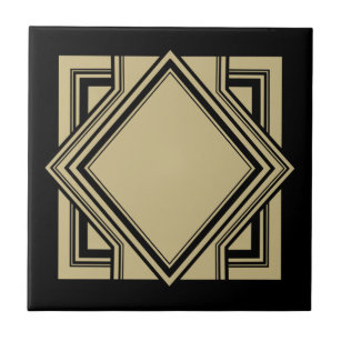 Art Deco Black Beige Gold Chic Geometric Square 05 Fliese