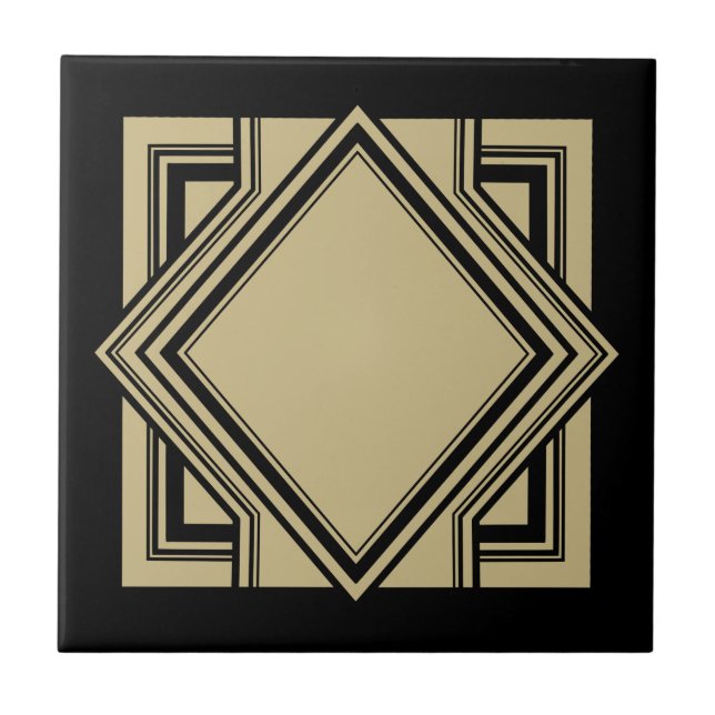 Art Deco Black Beige Gold Chic Geometric Square 05 Fliese (Vorderseite)