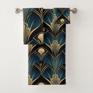 Art Deco Black Blue und Gold symmetrisch Badhandtuch Set