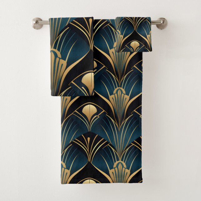 Art Deco Black Blue und Gold symmetrisch Badhandtuch Set (Insitu)