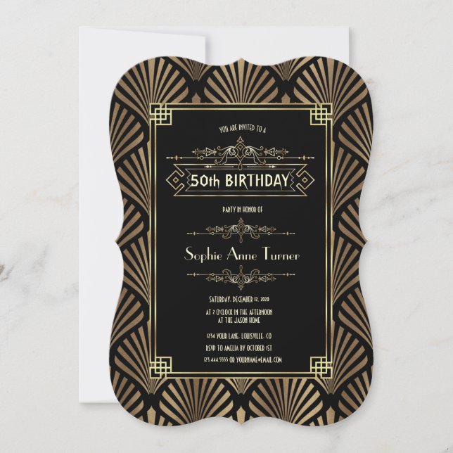 Art Deco Black Gatsby 1920s 50th Birthday Party Einladung (Vorderseite)