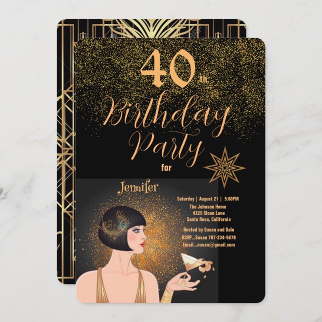 Art Deco Black & Gold 40. Geburtstag Party Einladung (Vorne/Hinten)