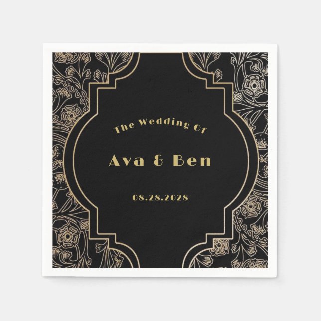 Art Deco Black Gold Blume Hochzeit Serviette (Vorderseite)