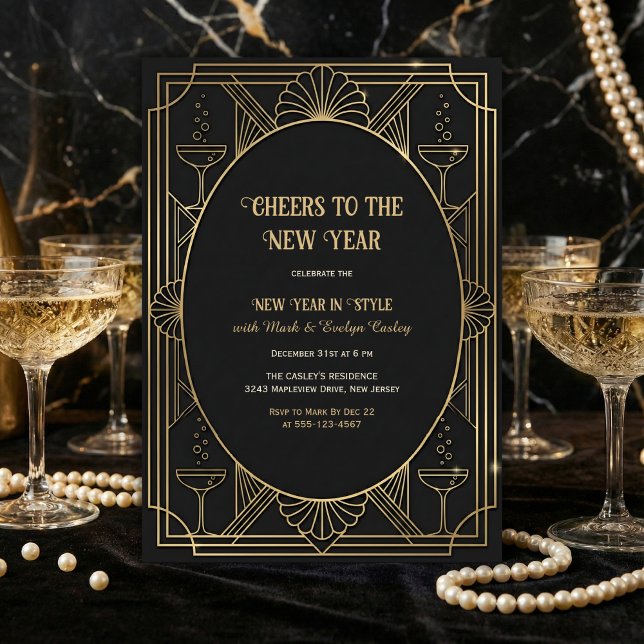 Art Deco Black & Gold Cheers to the New Year Einladung (Cheers to the New Year – Art Deco Black & Gold, Champagne, Personalized)