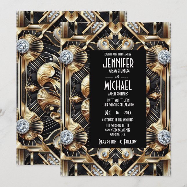 Art Deco Black & Gold Diamond Wedding Invitations Einladung (Vorne/Hinten)