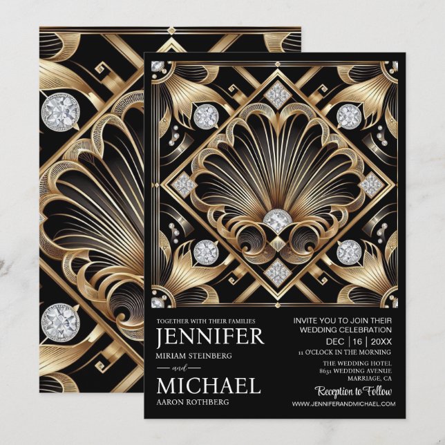 Art Deco Black & Gold Diamond Wedding Invitations  Einladung (Vorne/Hinten)