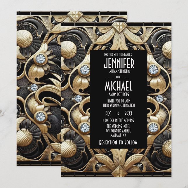 Art Deco Black & Gold Diamond Wedding Invitations Einladung (Vorne/Hinten)