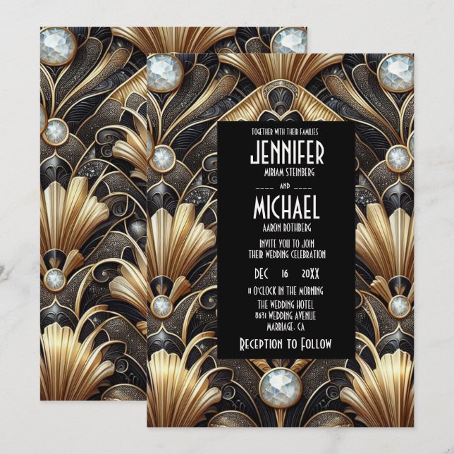 Art Deco Black & Gold Diamond Wedding Invitations Einladung (Vorne/Hinten)