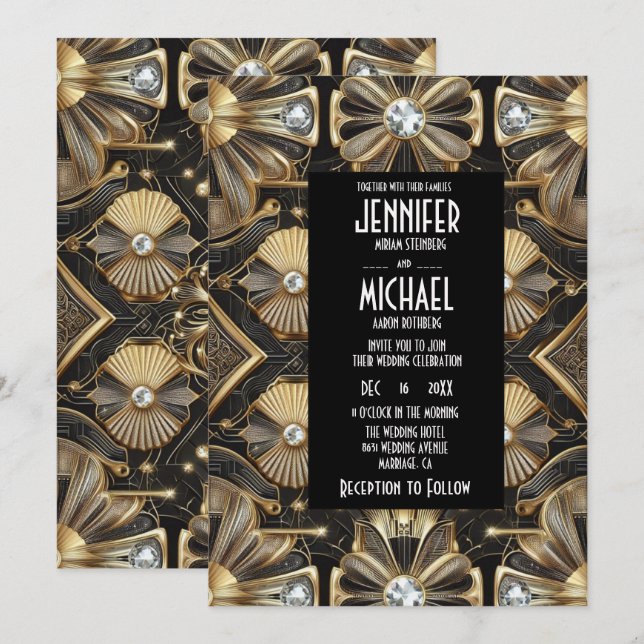 Art Deco Black & Gold Diamond Wedding Invitations Einladung (Vorne/Hinten)
