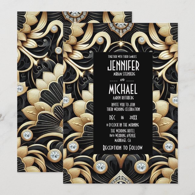 Art Deco Black & Gold Diamond Wedding Invitations Einladung (Vorne/Hinten)