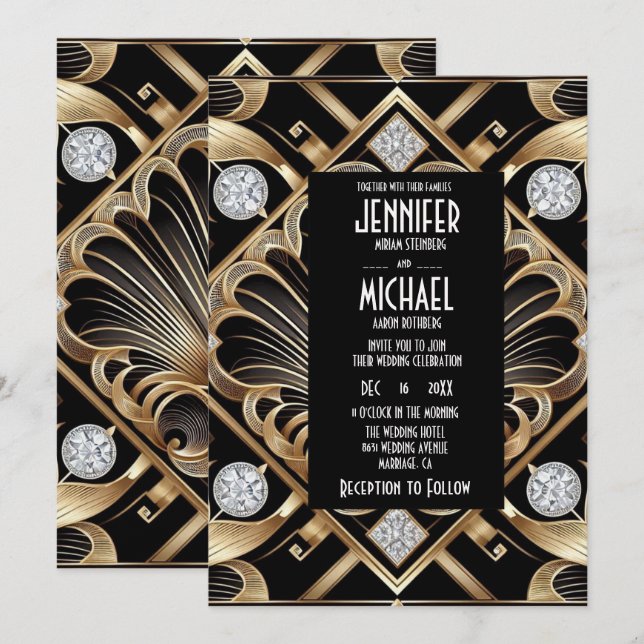 Art Deco Black & Gold Diamond Wedding Invitations Einladung (Vorne/Hinten)