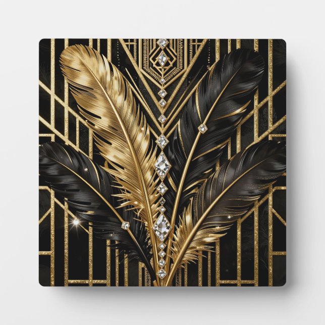 Art Deco Black Gold Feathers Fotoplatte (Vorderseite)