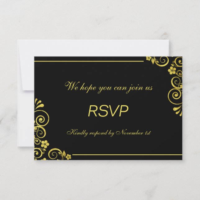 Art Deco Black gold Floral Wirbel Hochzeit RSVP (Vorderseite)