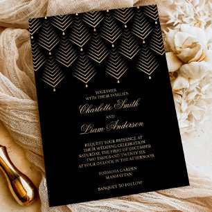 Art Deco Black & Gold Foil Pressed Floral Wedding Folieneinladung