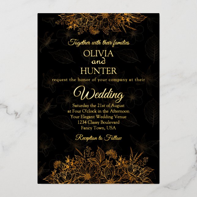Art Deco Black Gold Foil Script Klassische Hochzei Folieneinladung (Vorderseite)