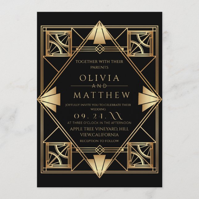 Art Deco Black Gold Frame Wedding Einladung (Vorderseite)