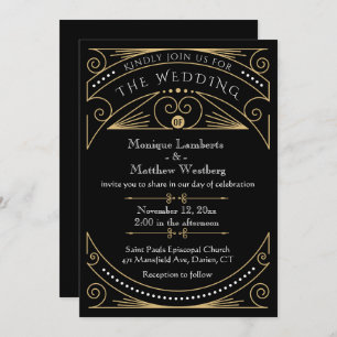 Art Deco Black & Gold Große Hochzeit Einladung