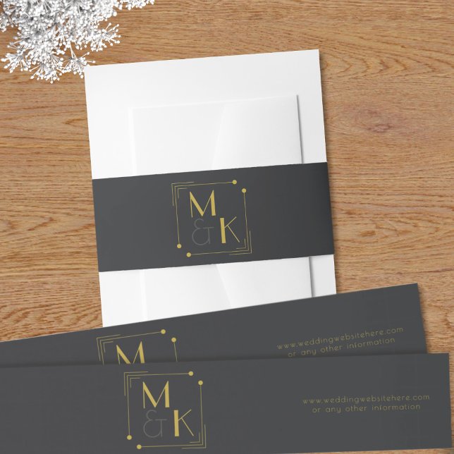 Art Deco Black Gold Hochzeit Einladung Bauch Band (Just add your initials and wedding website to this 1920s black and gold art deco style belly bands)