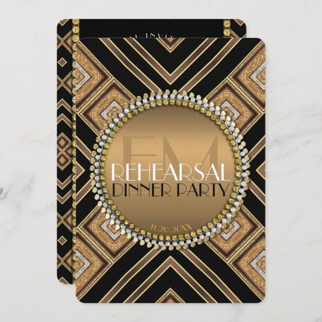 Art Deco Black Gold Hochzeit Probe Dinner Party Einladung (Vorne/Hinten)