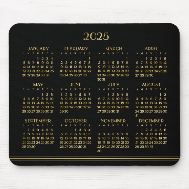 Art Deco Black Gold Jahrbuch Kalender 2025 Mousepad (Vorne)