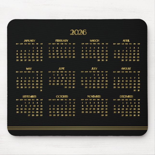 Art Deco Black Gold Jahrbuch Kalender 2026 Mousepad (Vorne)