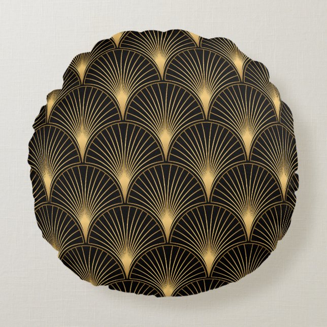 Art Deco Black Gold: Nahtloser Luxus Rundes Kissen (Vorderseite)