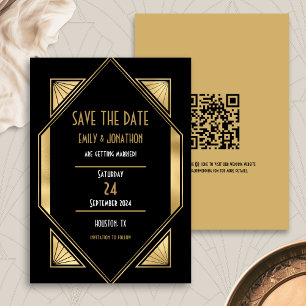 Art Deco Black Gold QR Code Hochzeit speichern das Save The Date