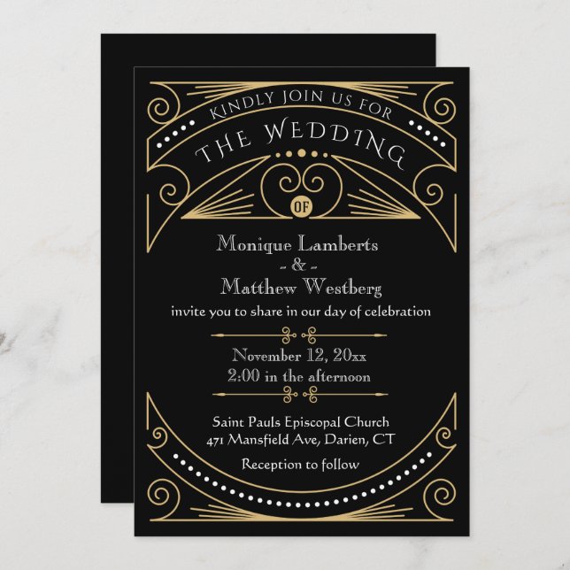 Art Deco Black & Gold Wedding Einladung (Vorne/Hinten)