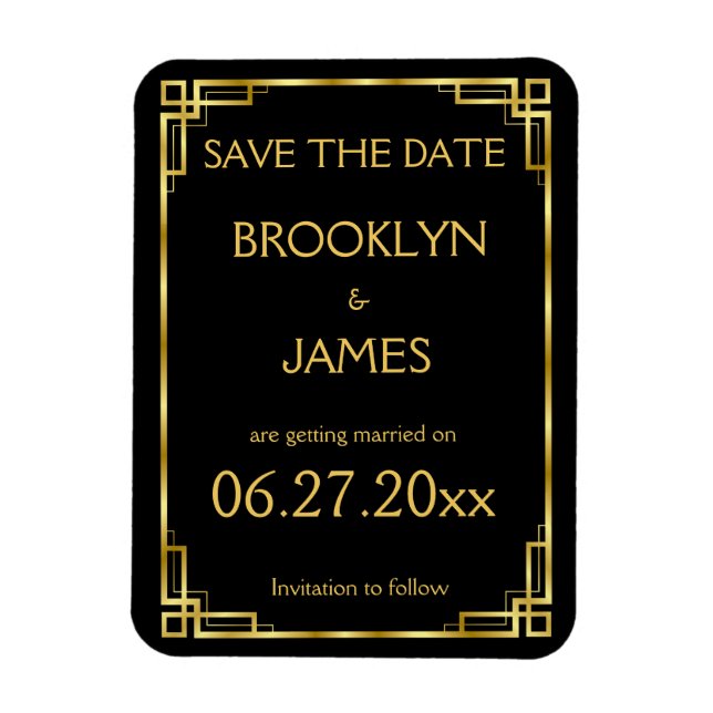 Art Deco Black Gold Wedding Save the Date Magnet (Vertikal)