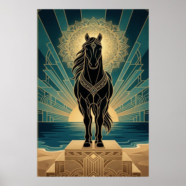 Art Deco Black Horse Mandala Sunset Teal Gold Post Poster (Vorne)