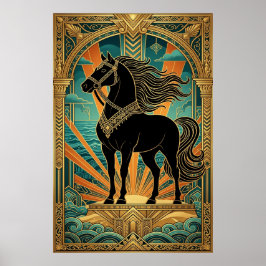 Art Deco Black Horse Statue Sunburst Teal Gold Poster