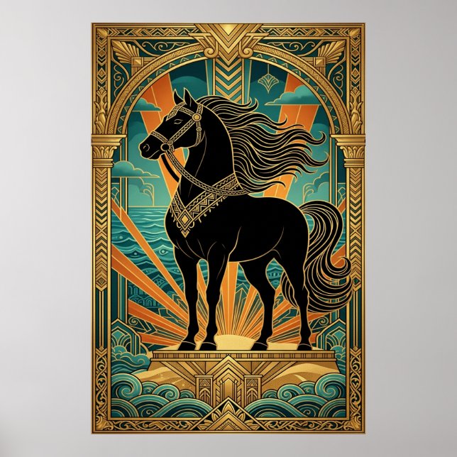 Art Deco Black Horse Statue Sunburst Teal Gold Poster (Vorne)