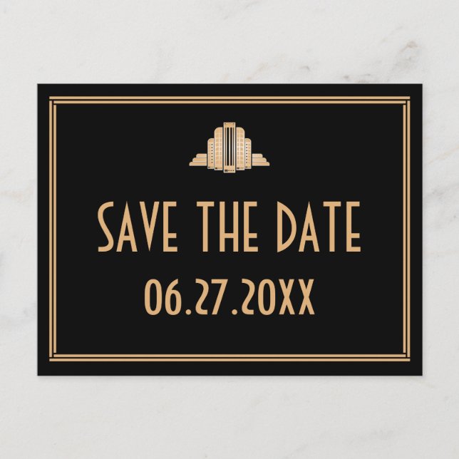 Art Deco Black Save the Date Postcard Ankündigungspostkarte (Vorderseite)