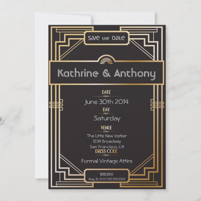 Art Deco Black und Gold Gatsby Save the Date (Vorderseite)