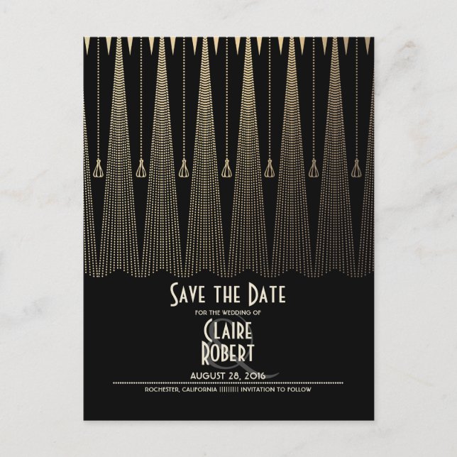 Art Deco Black und Gold Save the Date Vintag Ankündigungspostkarte (Vorderseite)