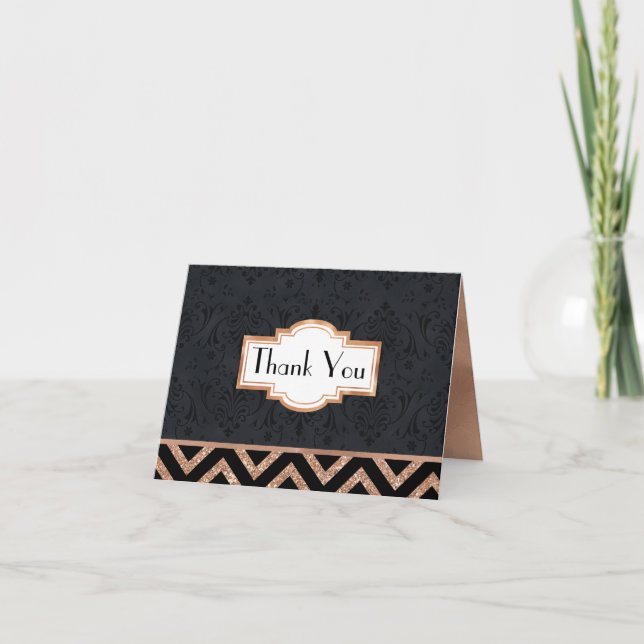 Art Deco Black und Rose Gold Look Danke Karte (Vorderseite)