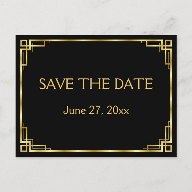 Art Deco Black Wedding Save the Date Postcards Ankündigungspostkarte (Vorderseite)