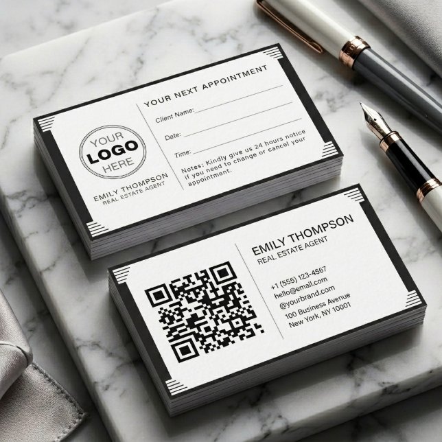 Art Deco Black White QR Code Logo Professional Terminkarte (Minimalist Art Deco Real Estate Business Card | QR Code & Appointment Design)