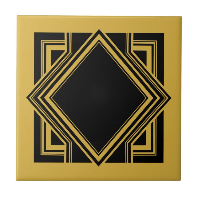 Art Deco Black Yellow Geometric Square Element 05 Fliese (Vorderseite)