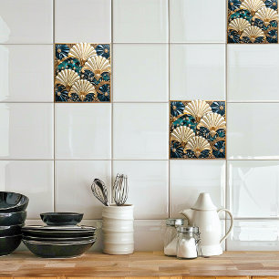 Art Deco Blau Elfenbein, Edelsteine und Gold Fäche Fliese