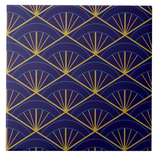 Art Deco Blau Gold Geometrisch Fliese (Vorderseite)