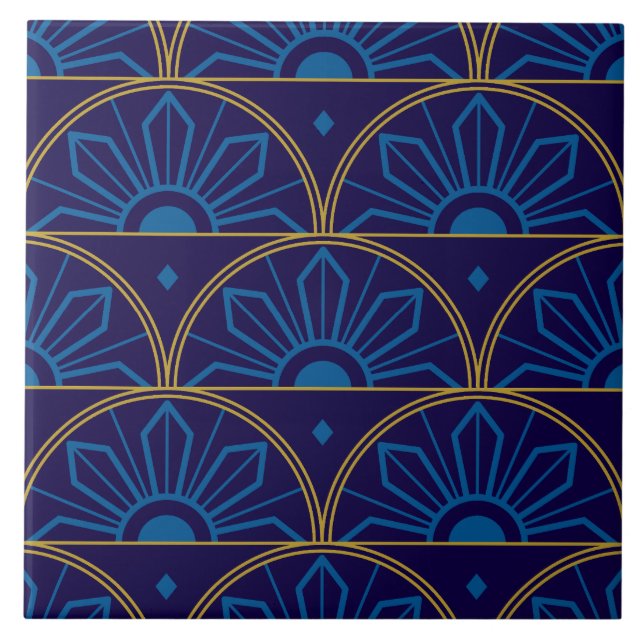 Art Deco Blau Gold Geometrisch Fliese (Vorderseite)